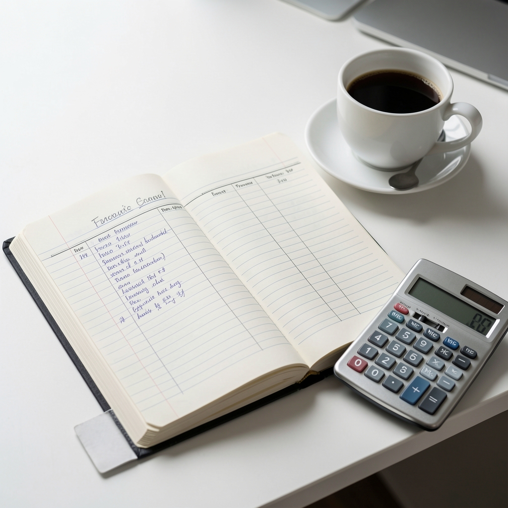 Cuaderno con asientos contables manuscritos junto a una calculadora y una taza de café sobre un escritorio blanco