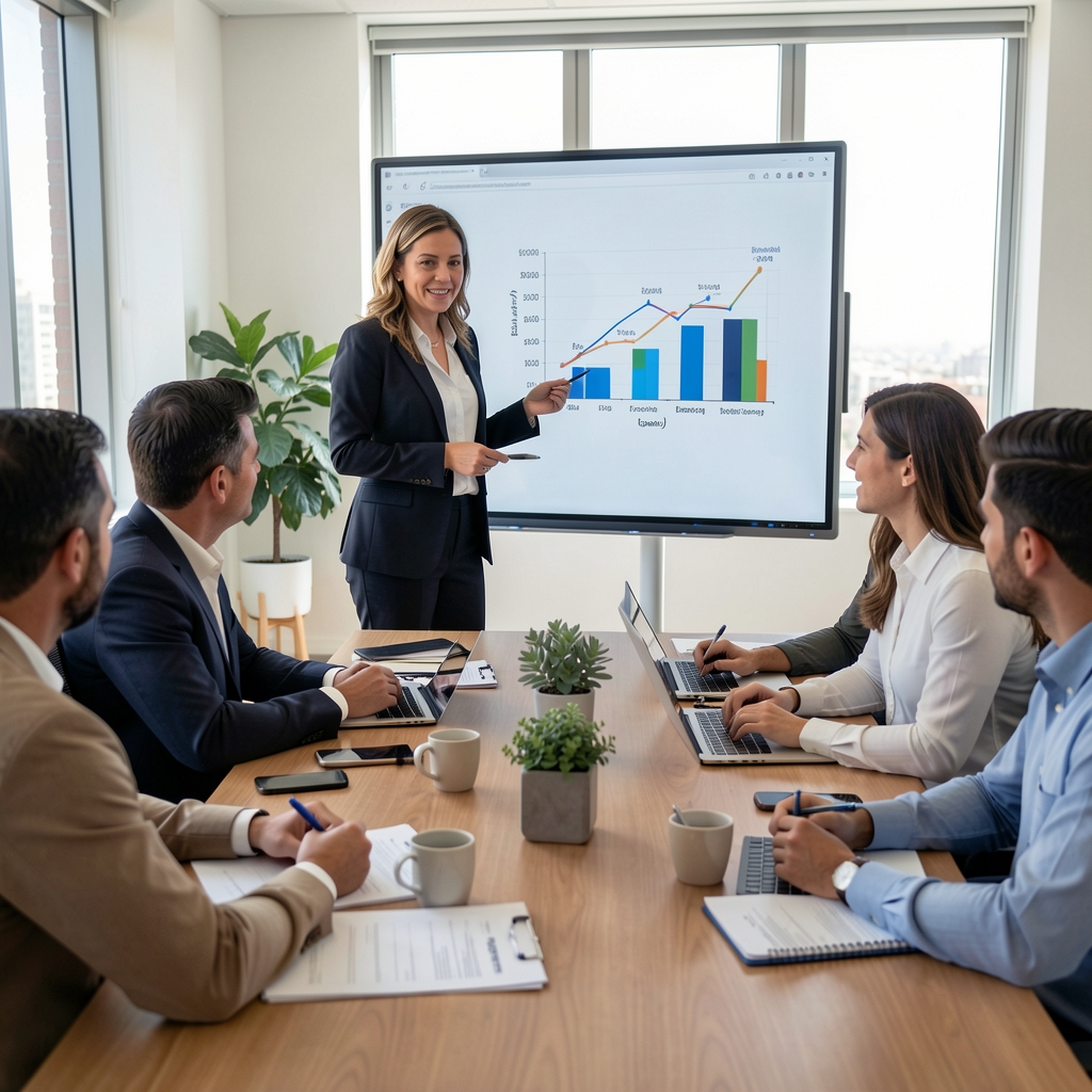 Contadora profesional explicando un balance general a un grupo de colegas en una mesa de trabajo