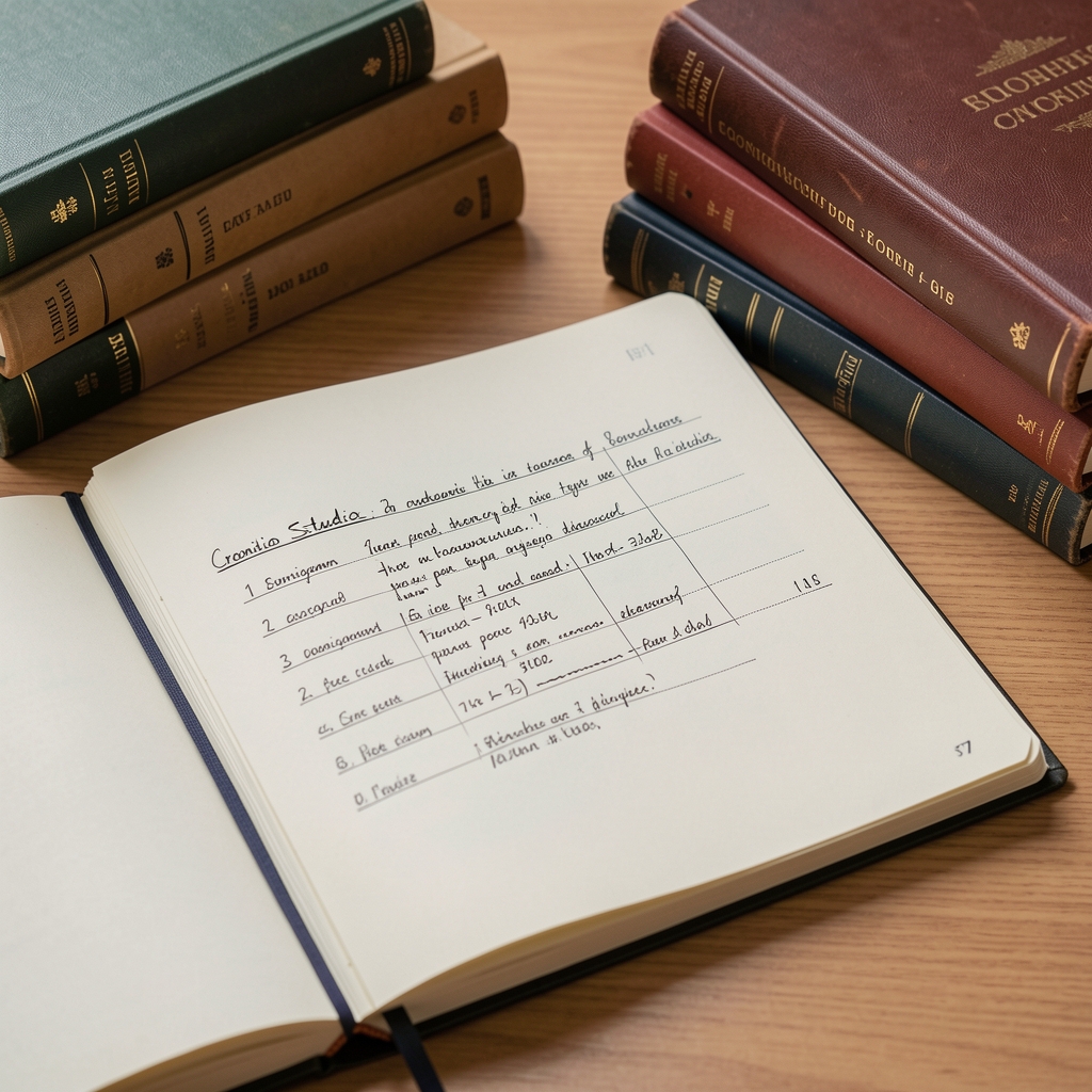 Cuaderno abierto con un cronograma de estudio escrito a mano junto a libros de contabilidad apilados