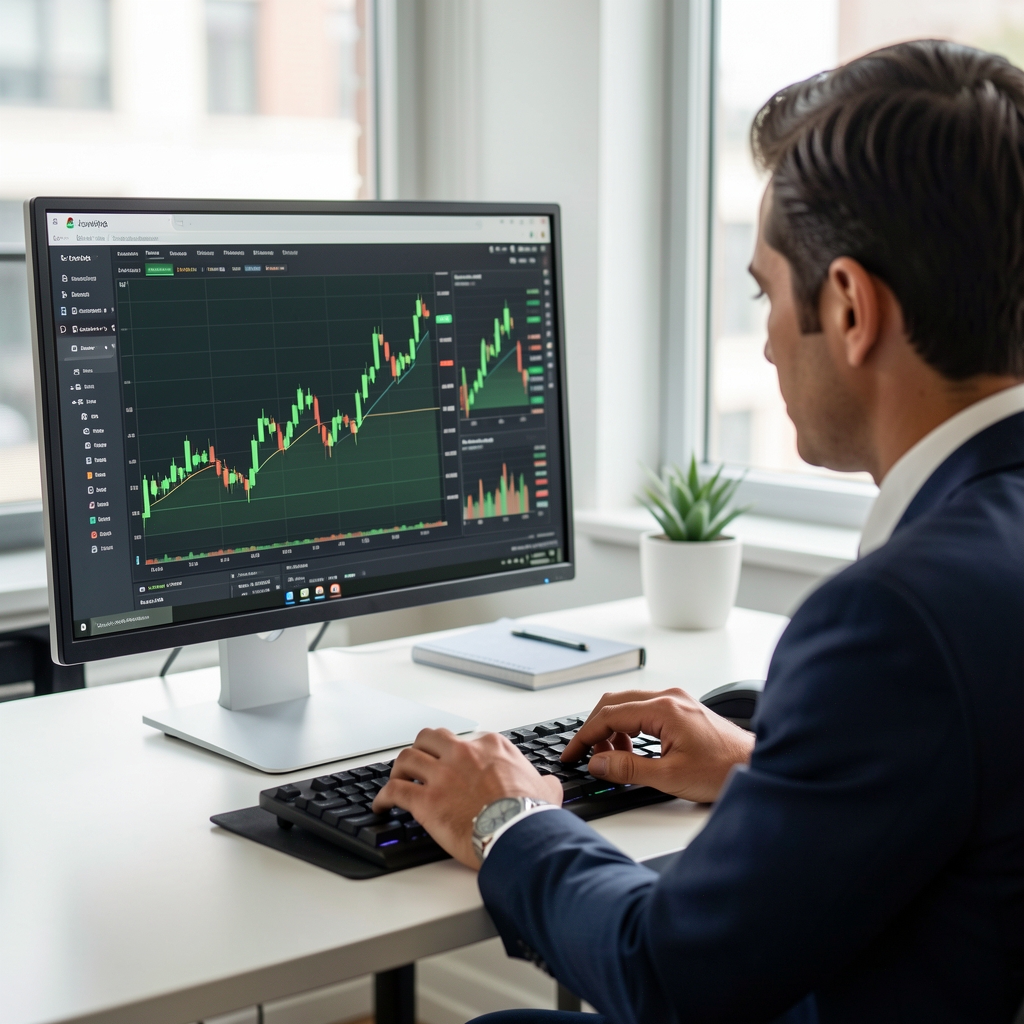 Persona analizando indicadores financieros en una pantalla de computadora con gráficos de tendencia en tono verde