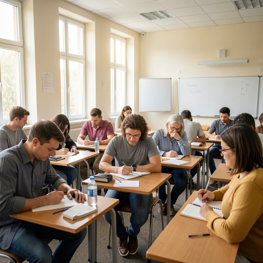 Aula luminosa con estudiantes adultos tomando notas durante una clase de contabilidad general