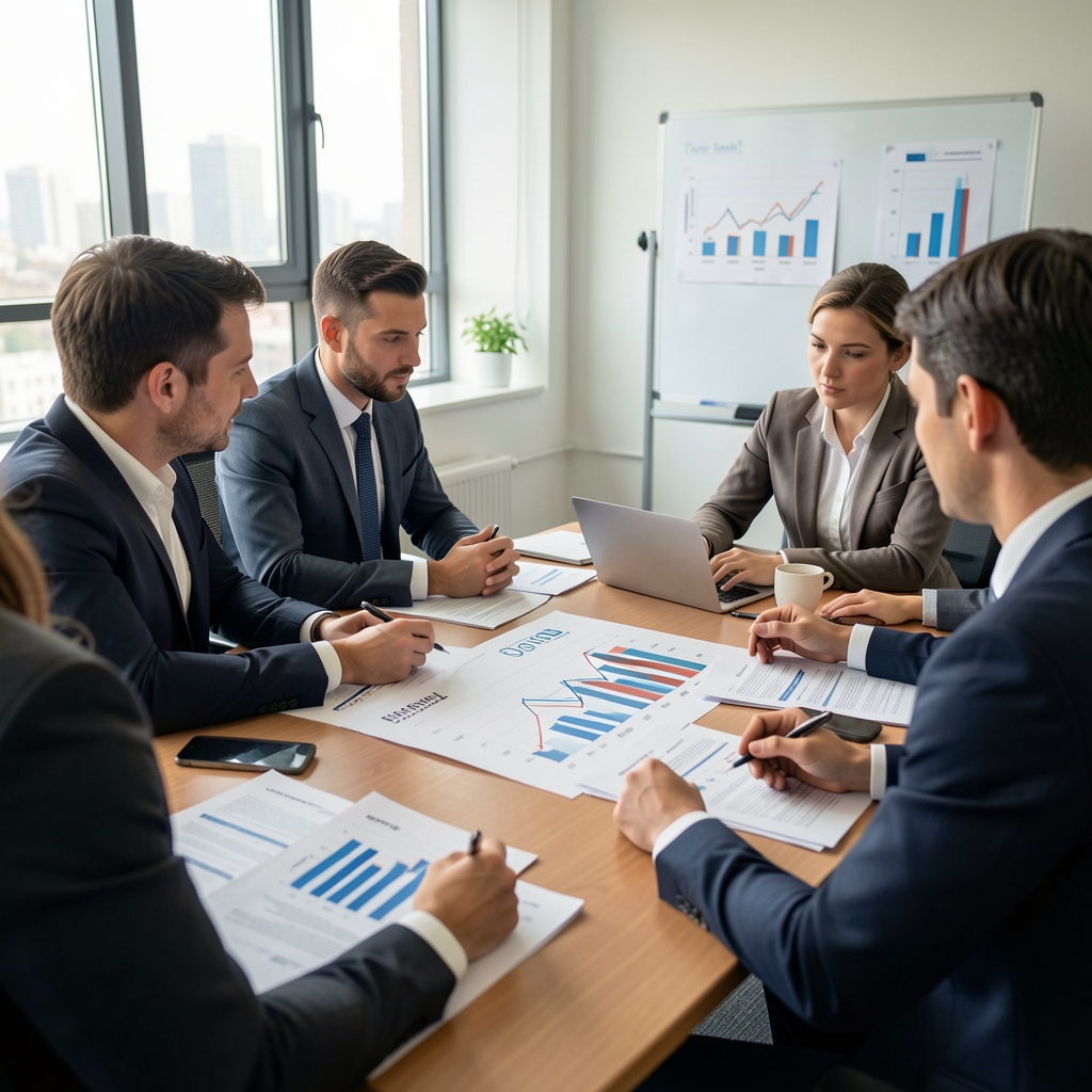 Equipo de contadores analizando gráficos de indicadores financieros sobre una mesa de reuniones con documentos impresos