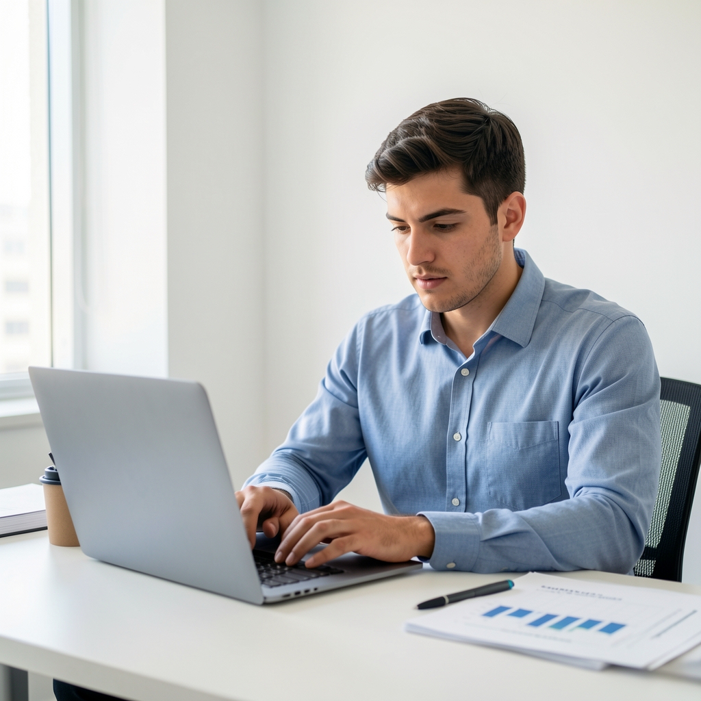 Joven profesional argentina revisando estados financieros en una laptop dentro de una oficina luminosa de paredes blancas