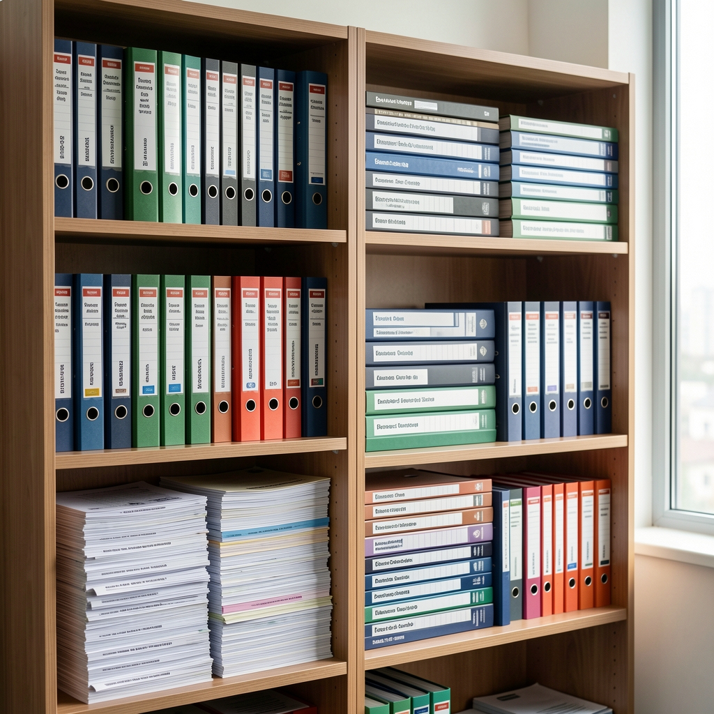 Estantería de oficina con carpetas archivadas y normativas contables ordenadas por categoría