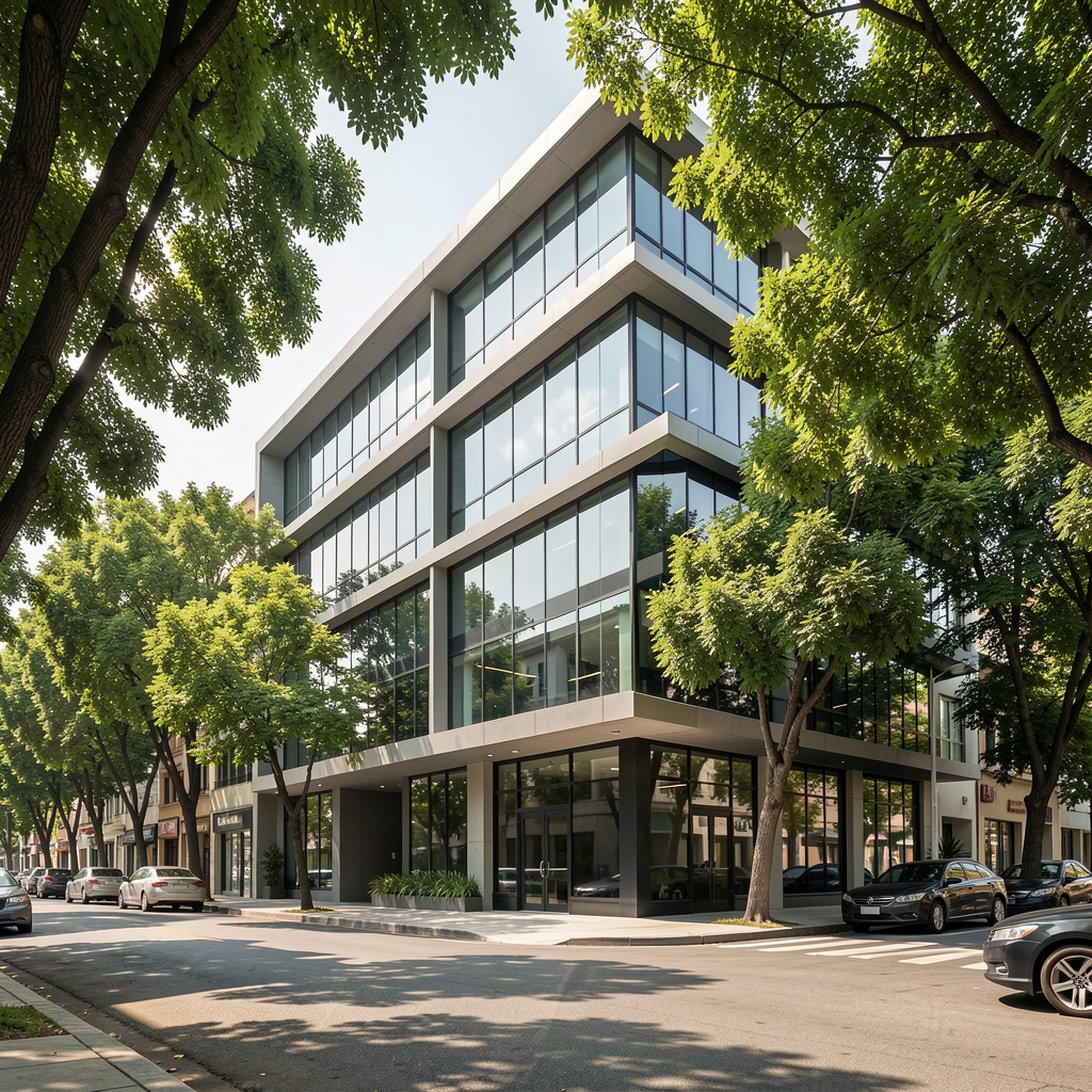 Fachada de un edificio de oficinas moderno en una calle arbolada de Olivos, Buenos Aires