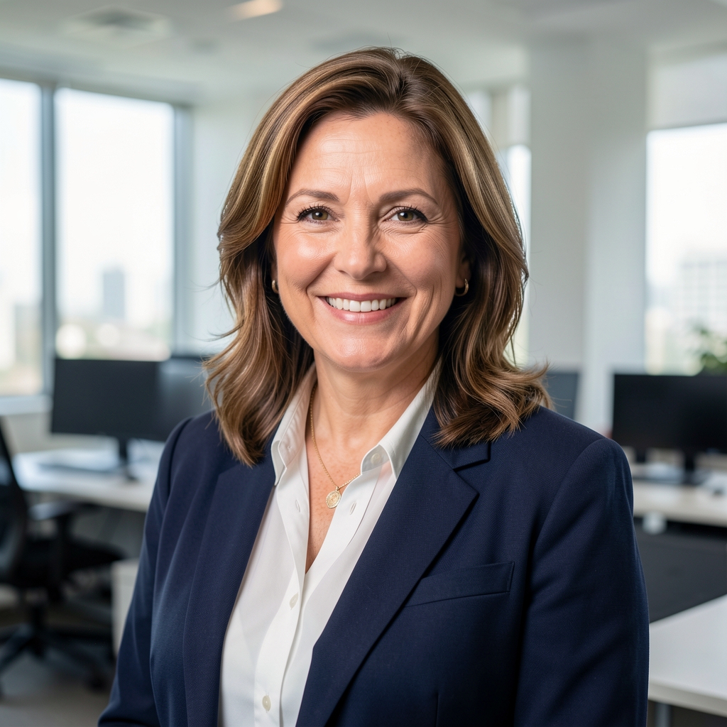 Retrato profesional de una mujer sonriente de mediana edad en un ambiente de oficina
