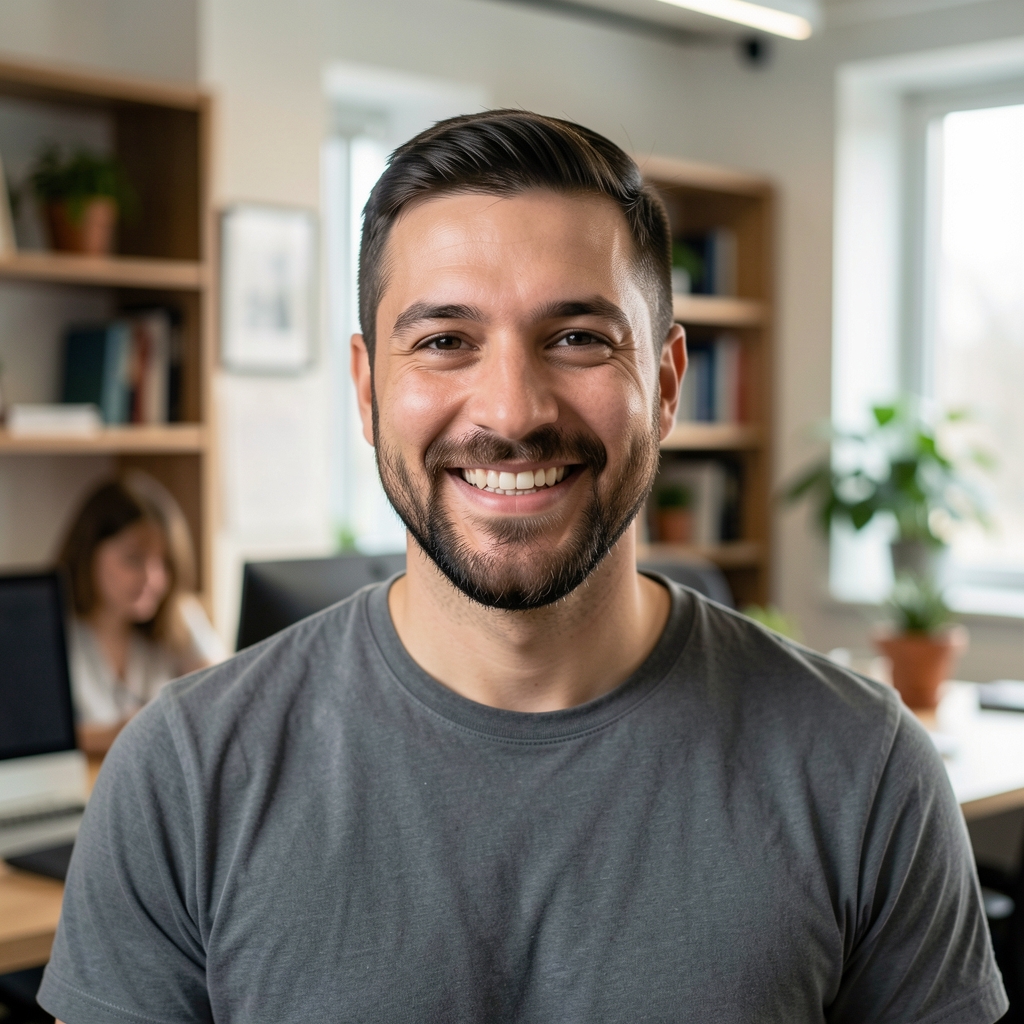Retrato profesional de un hombre sonriente de barba corta en un ambiente de oficina informal